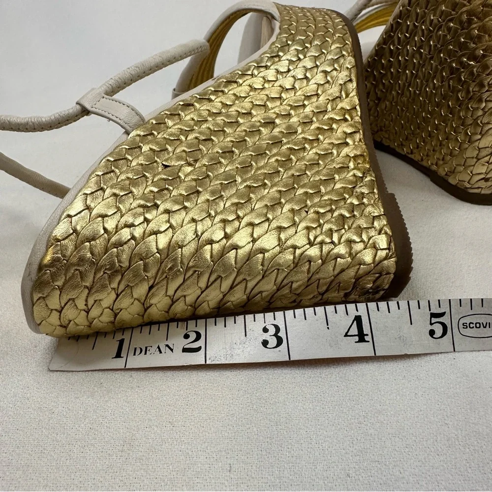 Coach Gold Woven Platform Wedge Sandals Size 8 Cream Leather Strappy